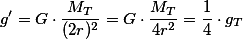 g'=G \cdot \frac{M_T}{(2r)^2}=G\cdot \frac{M_T}{4r^2}=\frac{1}{4}\cdot g_T